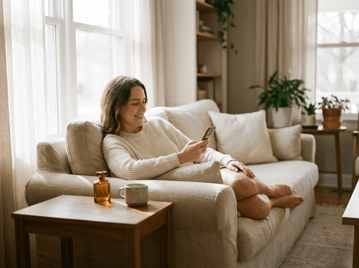 Eine Frau liest entspannt auf dem Sofa etwas auf ihrem Handy